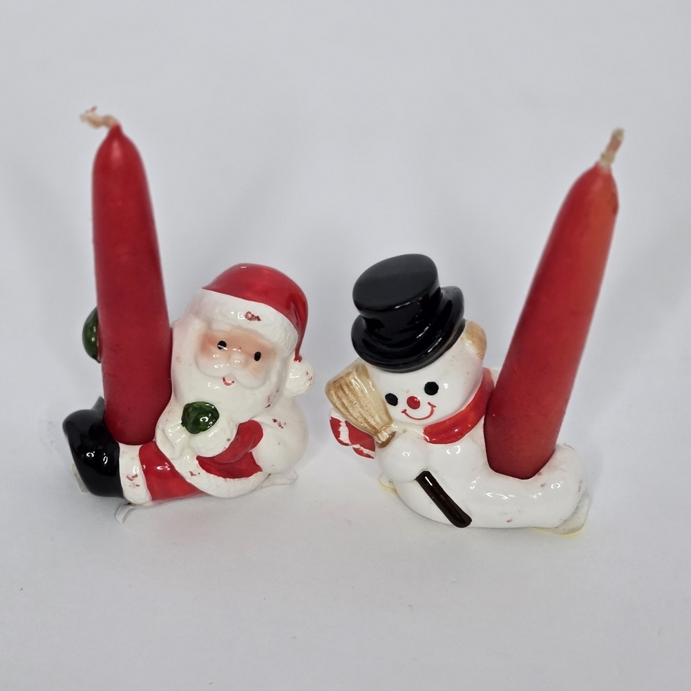 Vintage Ceramic Santa & Snowman  Candle Holders